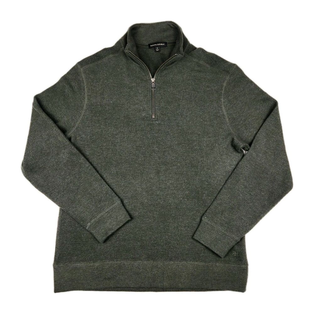 Banana Republic Quarter Zip Sweater Mens M Dark Green Pullover Logo Preppy